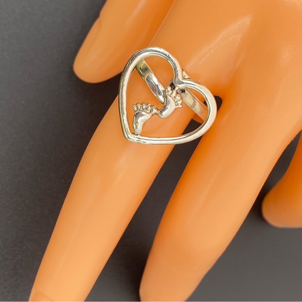Solid 925 Sterling Silver Heart Baby Feet Ring Pregnant Mom Anillo Plata Ley 925